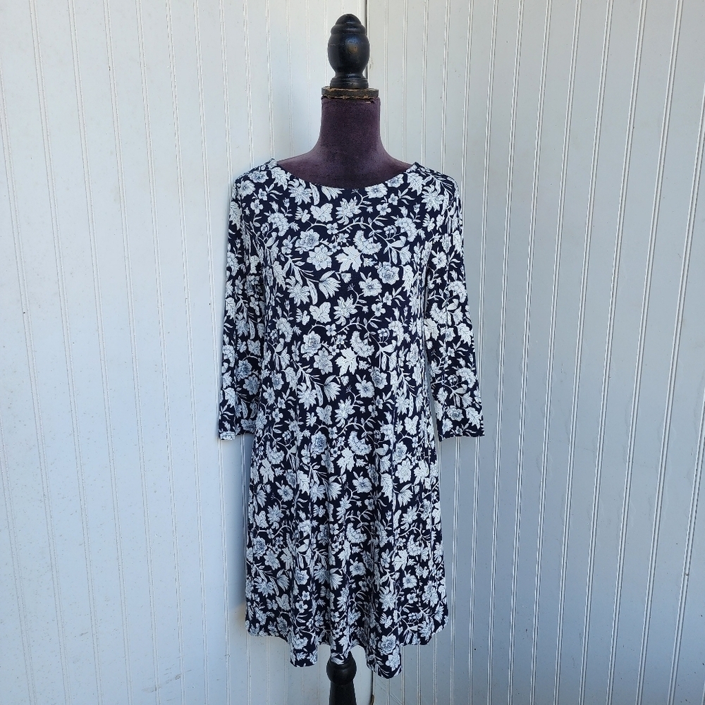 Loft Navy Blue White Floral Long Sleeve Sheath Dress Stretch Rayon Keyhole Sz S